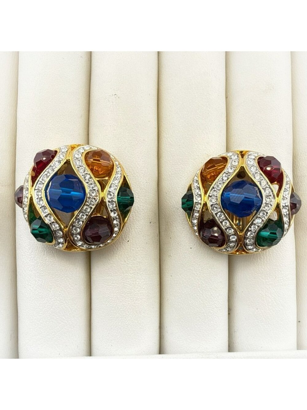 Joan Rivers Earrings Jewel Tone Cocktail Rhinestone CLIP ON Round Domed Vintage